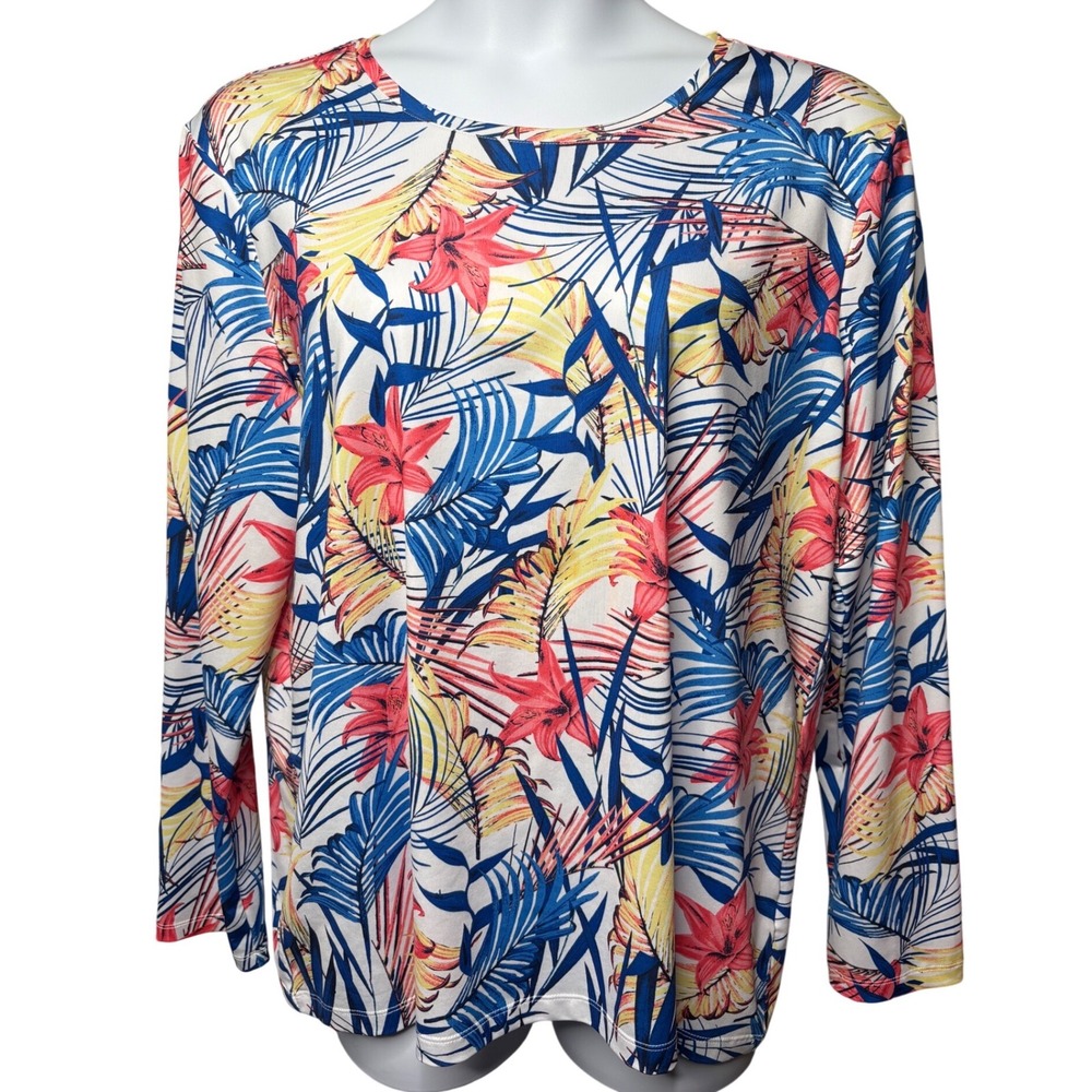 CORAL BAY Womens Blue Tropical Floral Long Sleeve Top XL Stretch Palm Resortwear